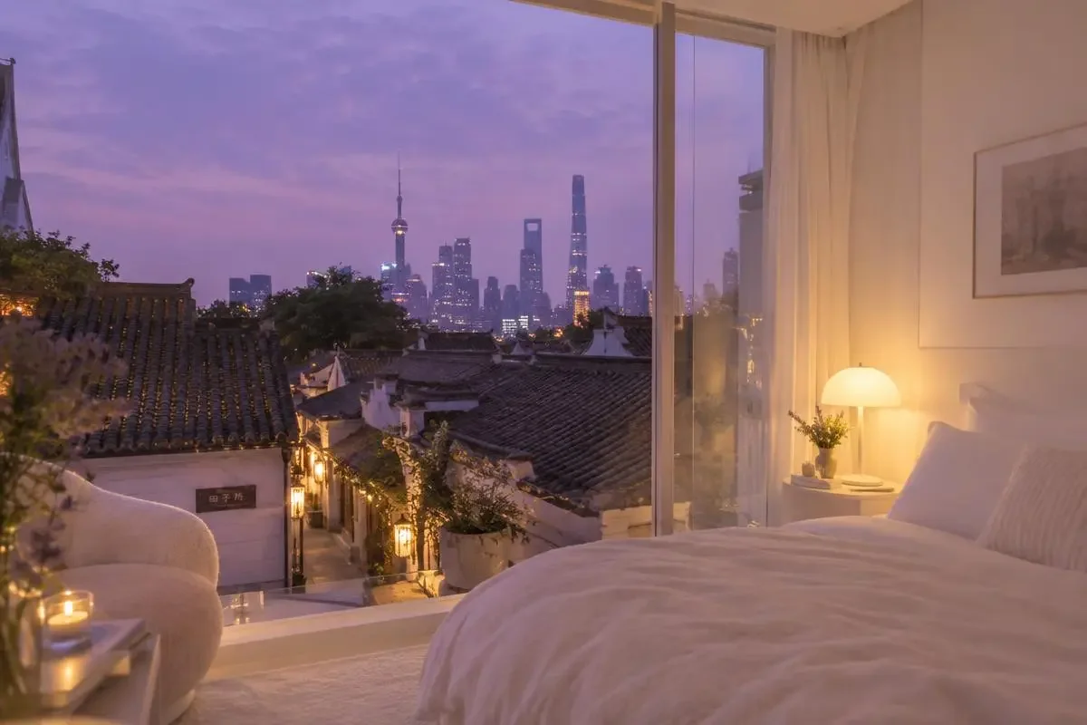 上海弄堂顶楼的深夜直播间，紫调夜空与暖灯